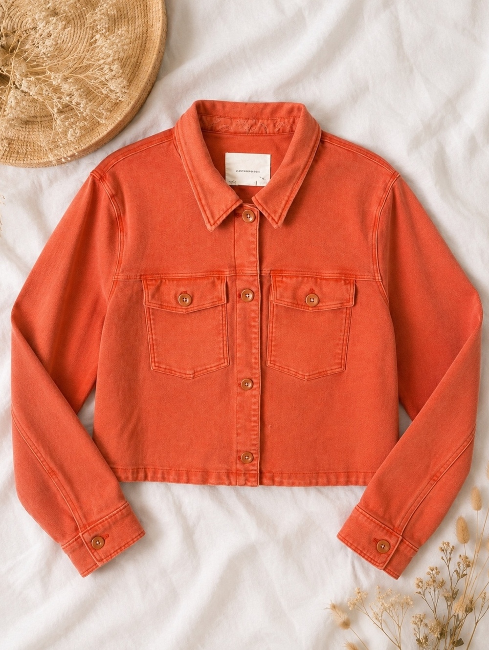 Anthropologie Orange Cropped Denim Jacket Medium